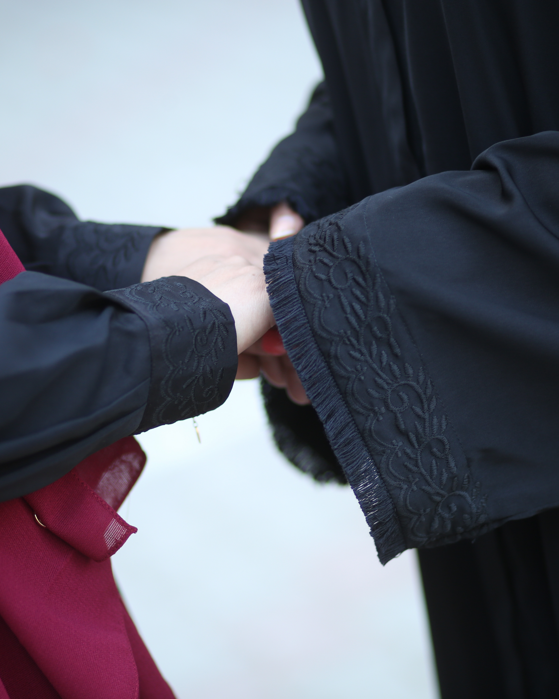 Luxurious black modest abaya with embroidered sleeves - soft silk-like flowing fabric Islamic dress USA