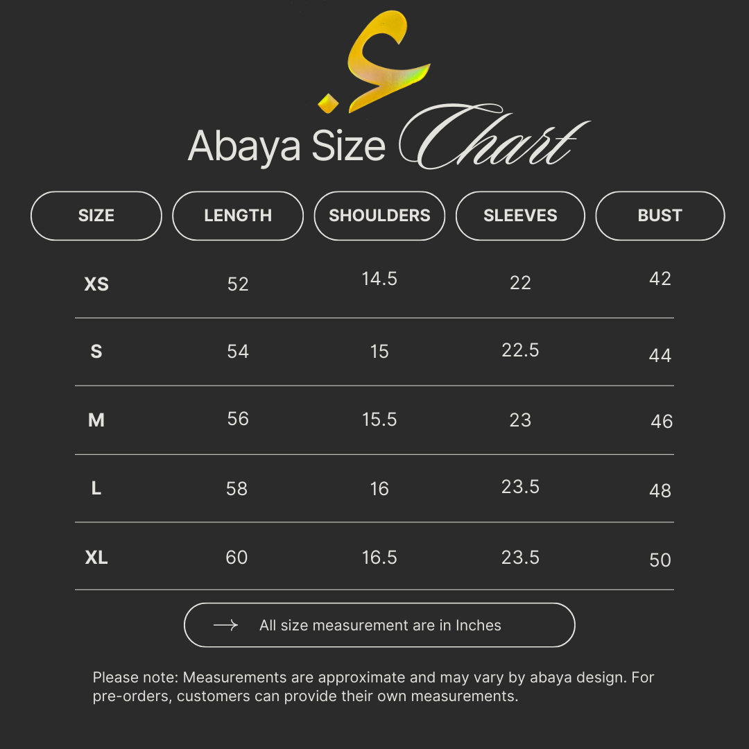 Ocean Velvet Abaya size chart - premium Korean Nida modest wear sizing guide