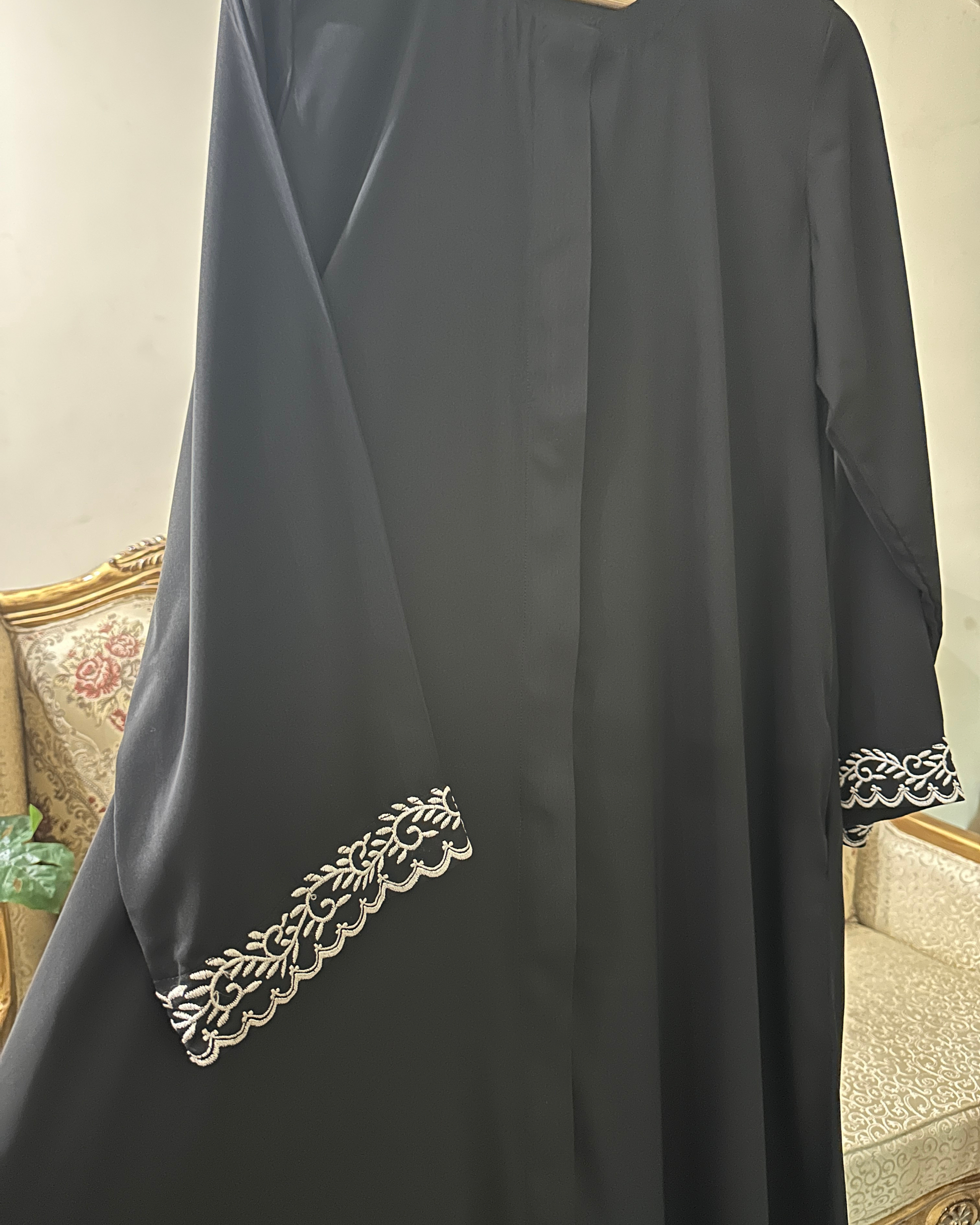 Black modest abaya with pearl embroidery on sleeves - sophisticated Islamic clothing for women USA