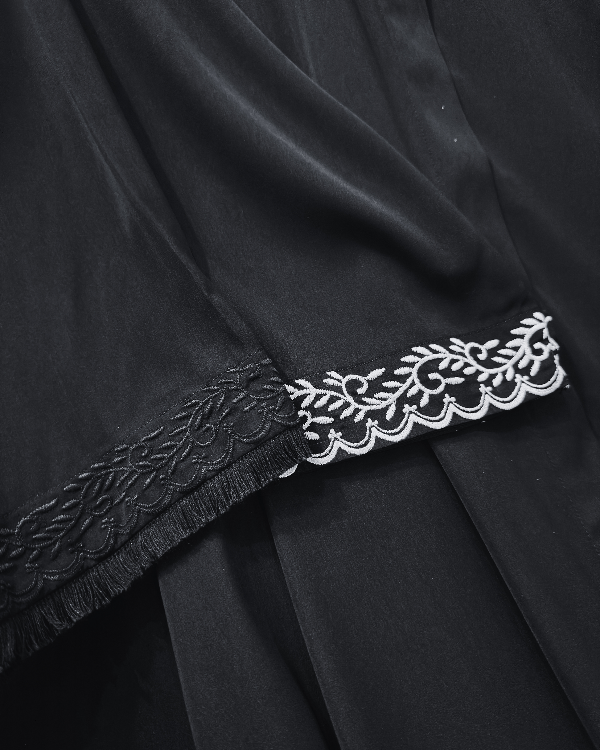 Close-up of pearl embroidery and black embroidery with fur-like lace detail on luxurious abaya sleeves - premium modest dress