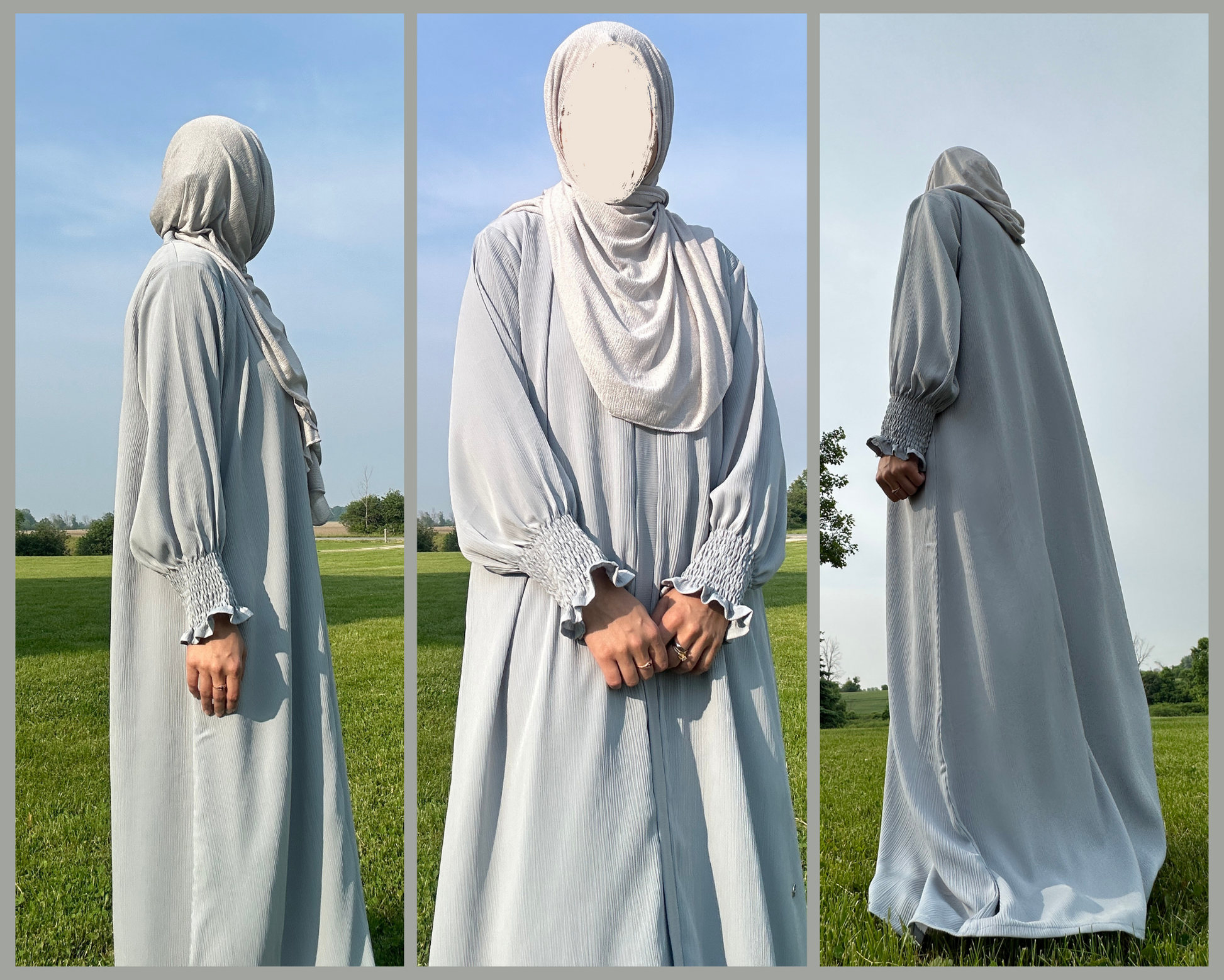 Muslim woman wearing Frozen Abaya with elastic sleeves - comfortable all-season modest Islamic dress