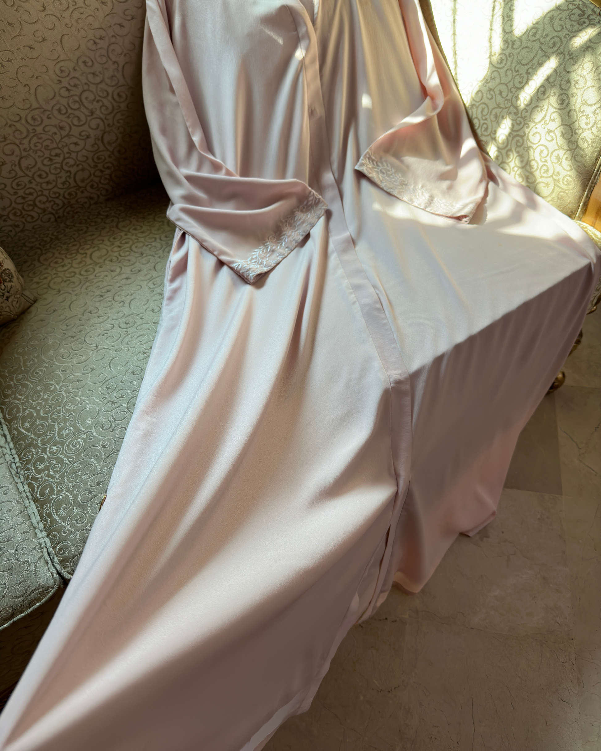 Light pink abaya with pearl embroidery and side pockets - graceful modest dress for Muslim women USA