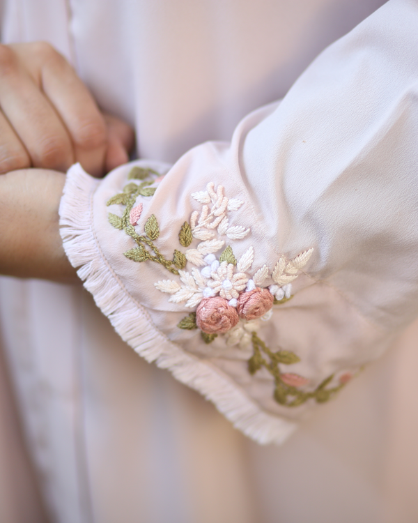 Light pink modest abaya with vibrant hand embroidery and fur-like lace sleeves - elegant Islamic dress USA Canada