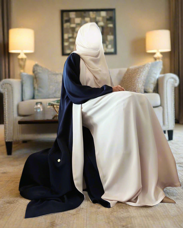 Haya reversible abaya in oat and midnight blue - premium Korean Nida modest wear 3 piece set